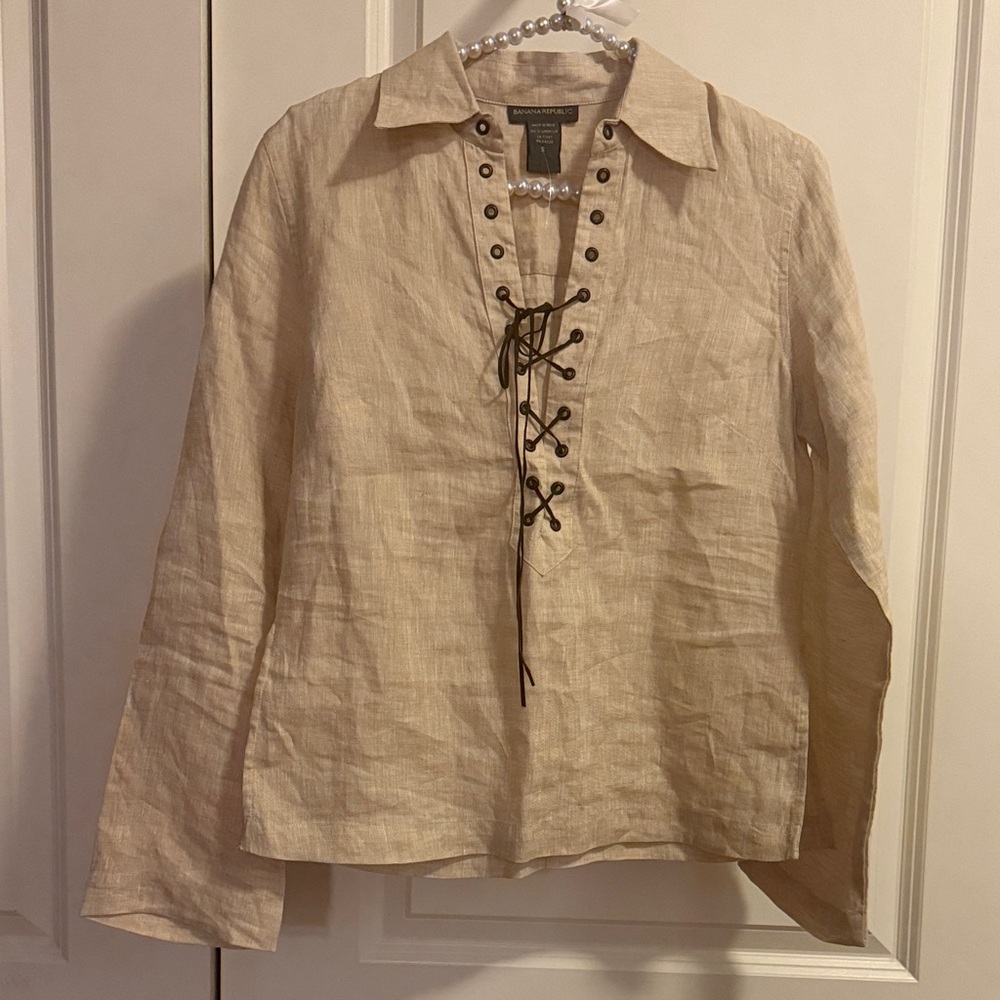 NWOT Banana Republic 100% Linen Lace-Up Peasant Tunic Natural Beige Size Small